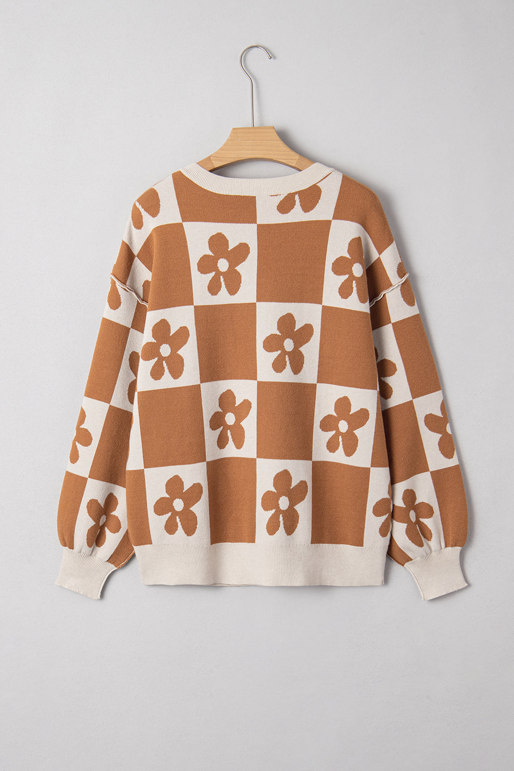 Flower Power Checkered Henley Sweater - Camel
