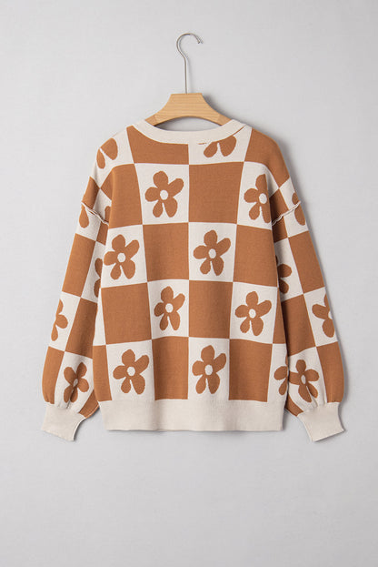 Flower Power Checkered Henley Sweater - Camel