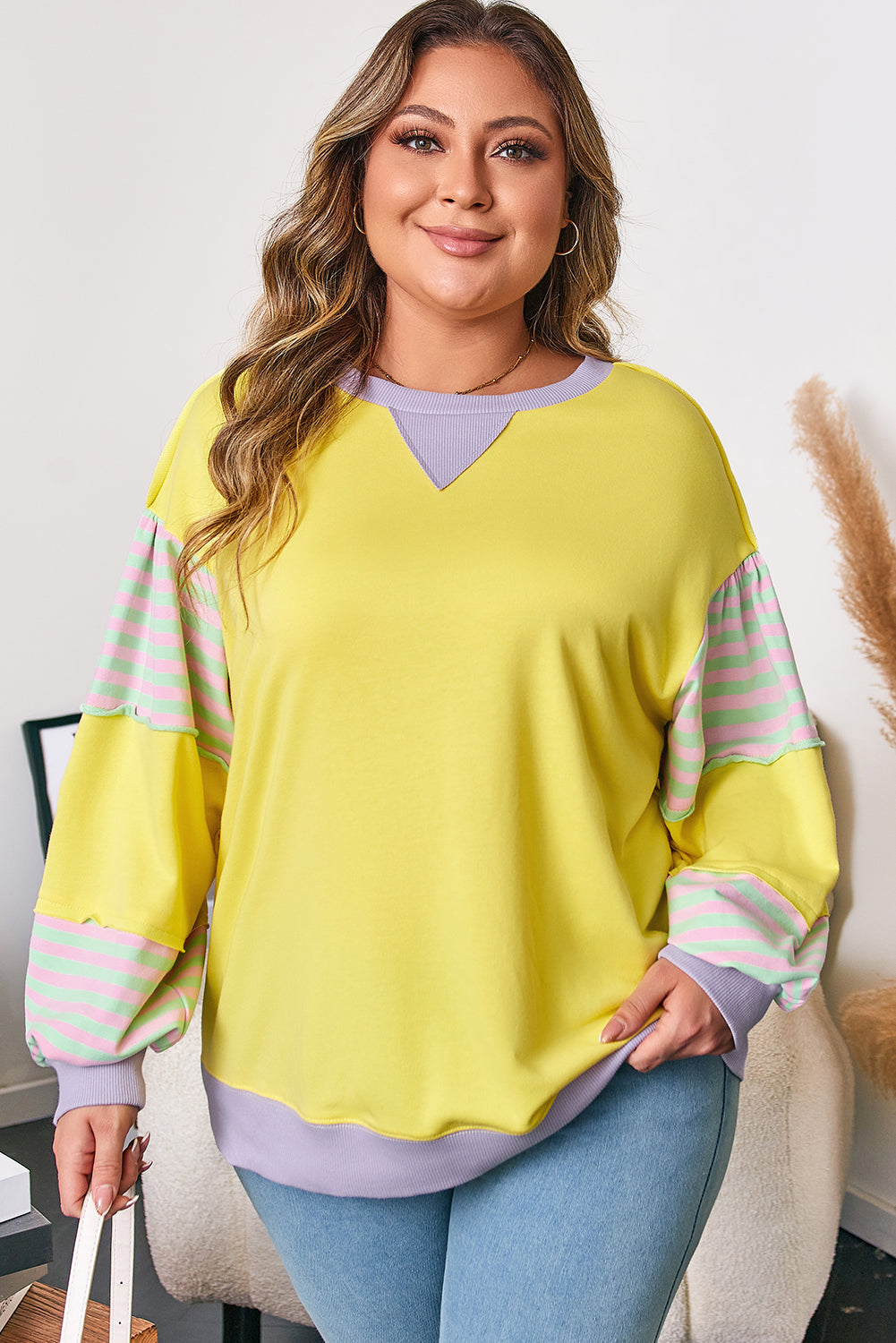 Threaded Pear Yellow Striped Color Block Patchwork Crewneck Plus Size Pullover Sweatshirt