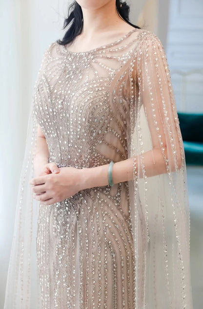 Elegant Fishtail Zipper Floating Sleeve Long Dress | Sophisticated Mermaid Host Gown | High-Sense Evening Party Dress | Luxury Flare Sleeve Formal Gown for Women