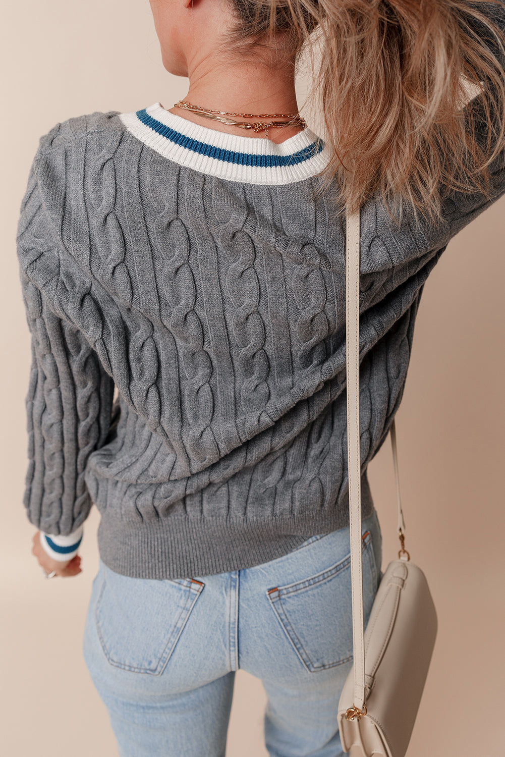 Threaded Pear Kayle Ribbed Edge Cable Knit V Neck Sweater