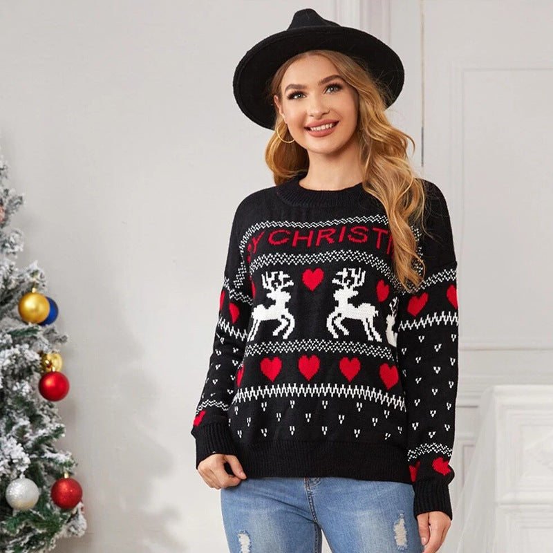 Cute Elk Heart Print Christmas Sweater | Women’s Fashion Heart Pattern Pullover | Festive Reindeer Knitted Winter Top | Sweet Holiday Aesthetic Jumper