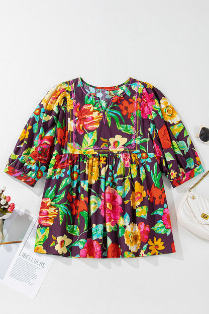 Threaded Pear Adhara Flower Embroidered Trim Half Sleeve Blouse
