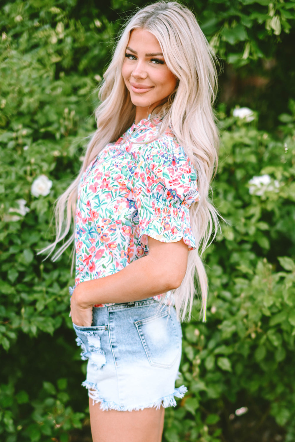 Threaded Pear Azaria Floral Print Button Split Neck Puff Sleeve Blouse
