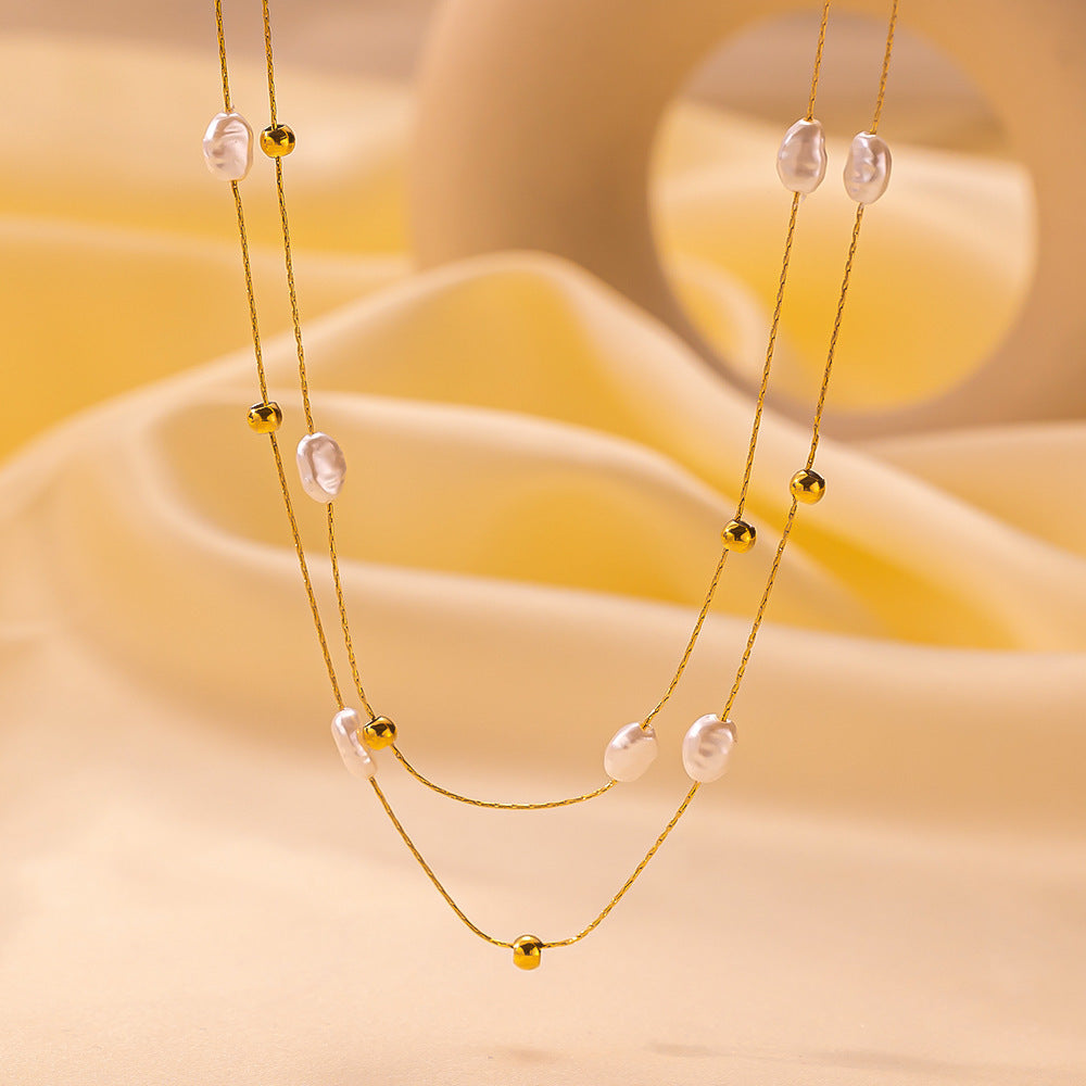 Niche Design Double-Layer Pearl Clavicle Necklace | High-Sense Vintage French Style Jewelry | Trendy Minimalist Titanium Steel Pearl Choker | Luxury-Label Statuesque Radiant Accessory | 2026 High-Fashion Emerald-Luxe Essential