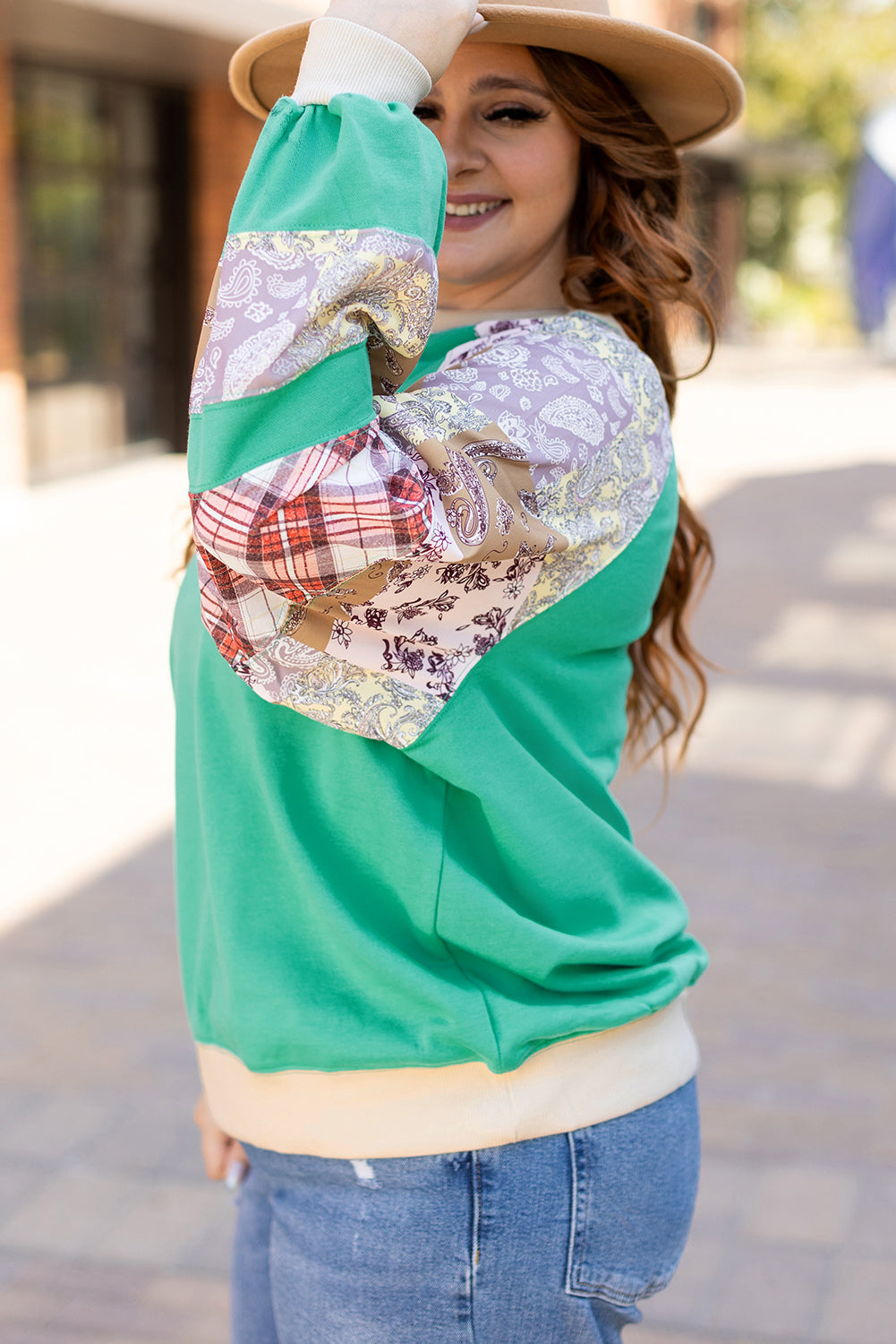 Threaded Pear Sky Blue Plus Size Plaid Floral Patchwork Raglan Sleeve Sweatshirt