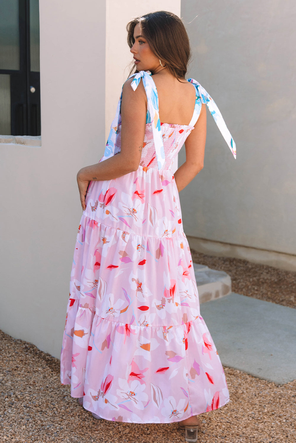 Threaded Pear Flora Floral Knotted Shoulder Smocked Maxi Dress