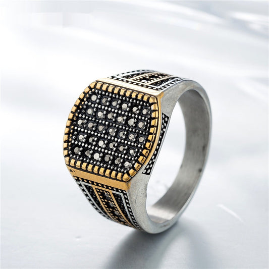 Men’s Vintage Titanium Diamond-Studded Ring | European & American Style Band | Luxury Rugged Wedding & Statement Ring | High-Durability Titanium Steel Jewelry