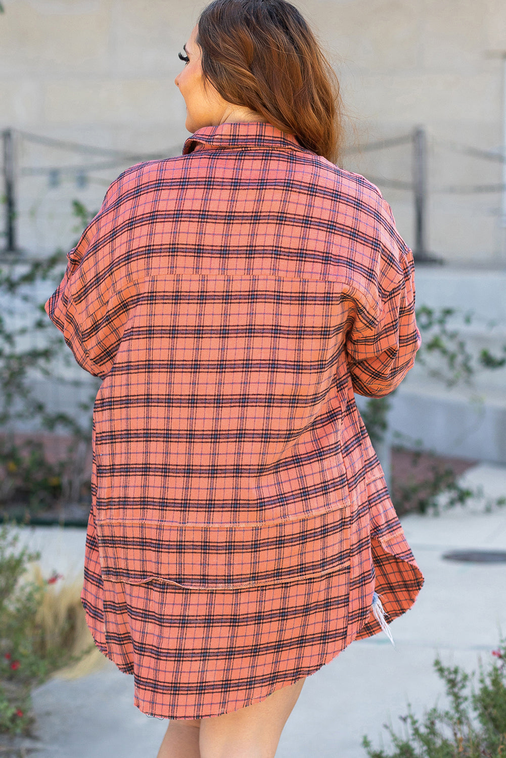 Threaded Pear Plaid Long Sleeve Side Split Distressed Shirt