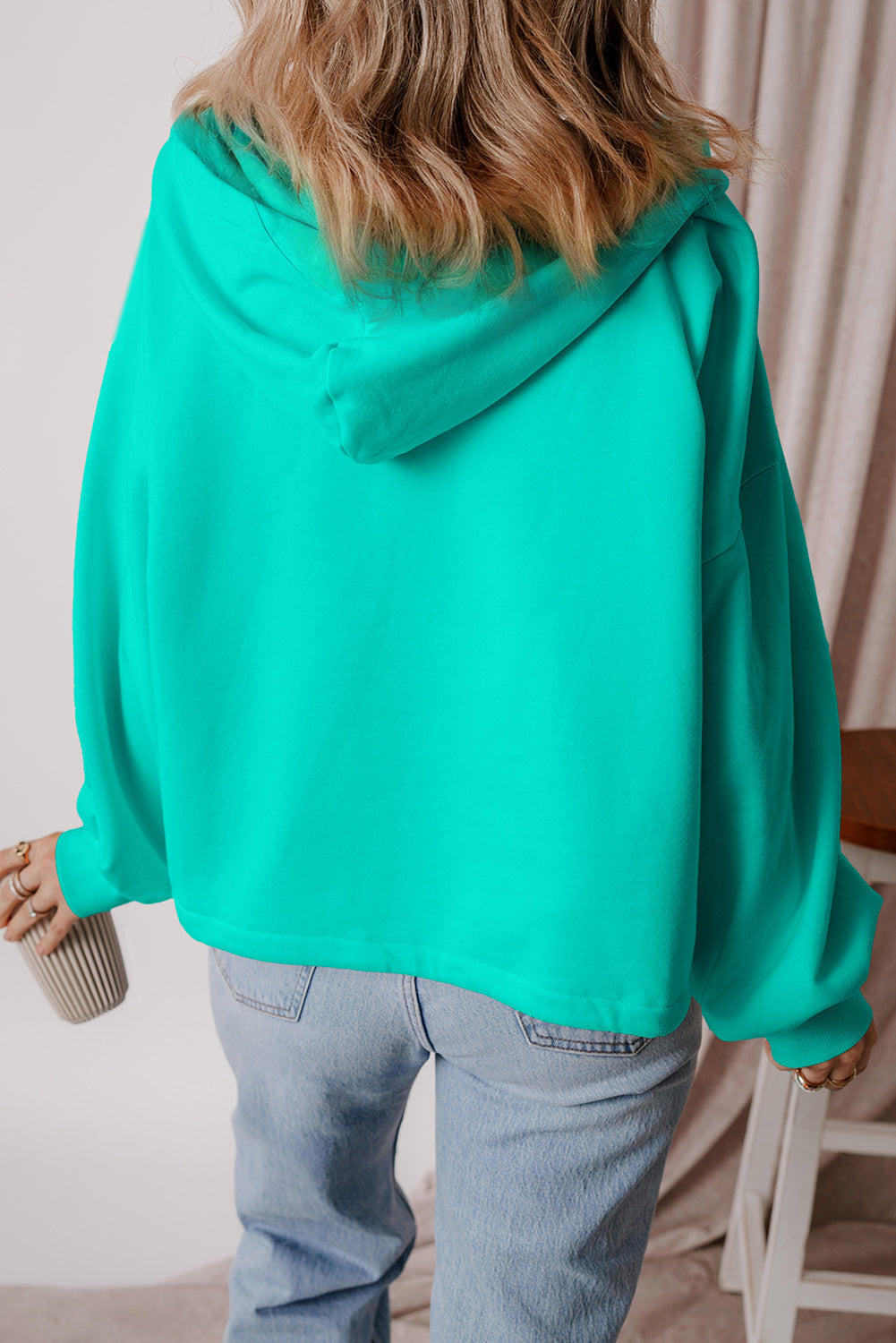 Threaded Pear Kate Fleece Lined Half Zipper Kangaroo Pockets Loose Hoodie