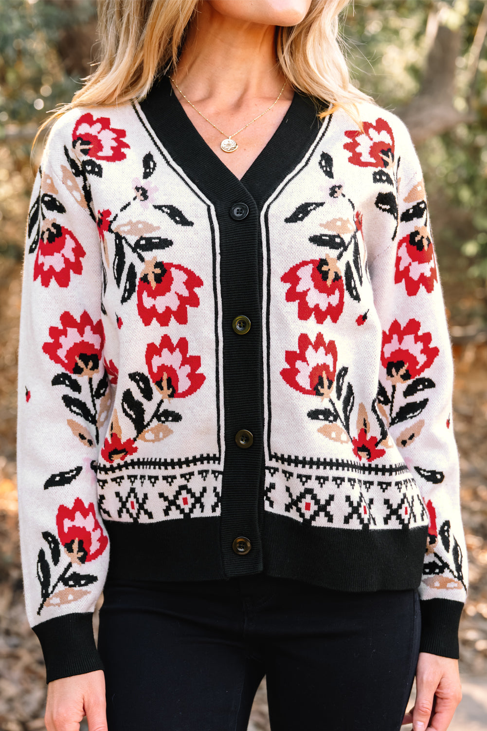 Threaded Pear Selene Print Front Knit Cardigan