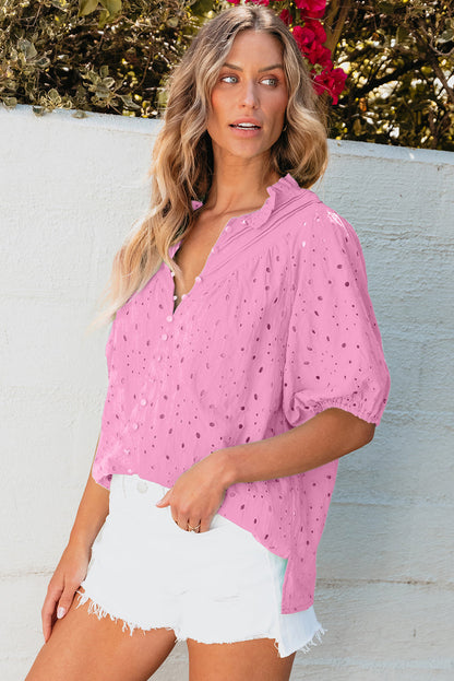 Threaded Pear Arielle Embroidered Hollow-out Puff Sleeve Blouse