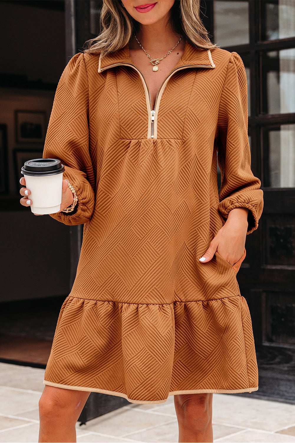 Threaded Pear Danielle Zip Collar Textured Mini Dress