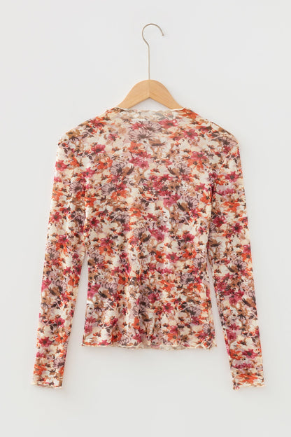 Threaded Pear Virginia Floral Print Mesh Long Sleeve Top