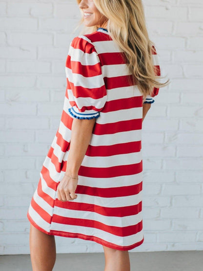 Womens Stripe Contrast Trim Dresses Casual Fashion Summer Shift Mini Dress Striped