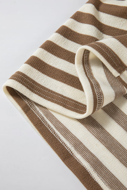 Threaded Pear Brown Stripe Quarter Buttons Drop Sleeve Plus Size Hoodie