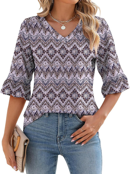 ✨Womens 3/4 Length Sleeve V-Neck Eyelet Casual Ruffle Sleeve Tunic Blouses