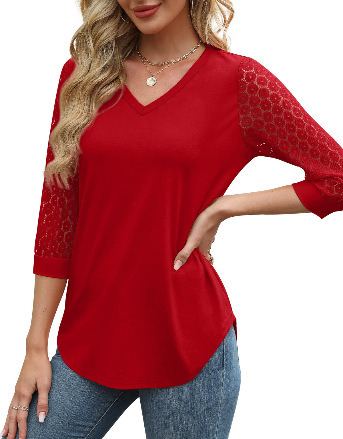 Womens 3/4 Length Sleeve V-Neck Lace Tunic Tops Business Casual Blouses