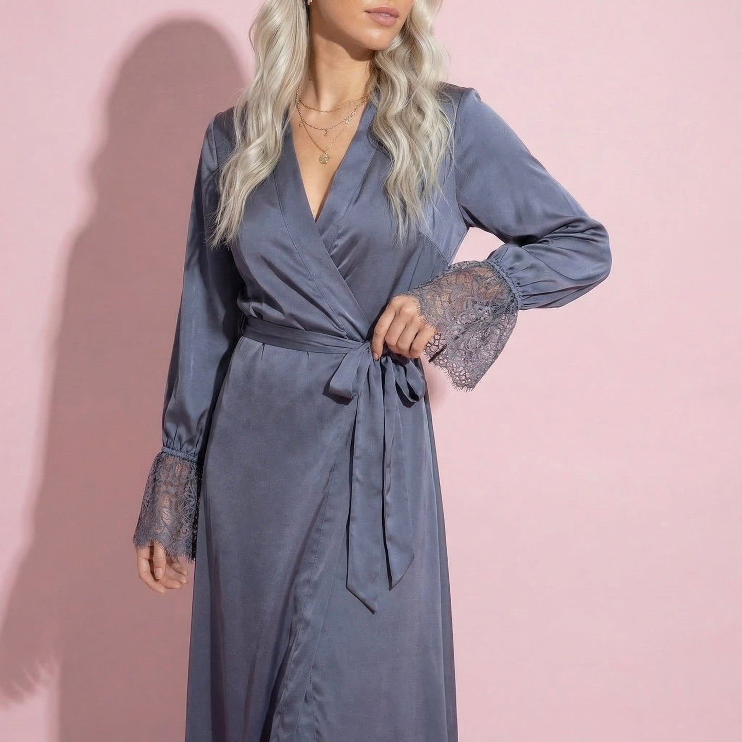 Anna-Kaci Lounge Women's Satin Wrap Robe Dress with Long Sleeves Lace Cuff Detail and Adjustable Tie Waist in Flowy Maxi Silhouette