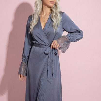 Anna-Kaci Lounge Women's Satin Wrap Robe Dress with Long Sleeves Lace Cuff Detail and Adjustable Tie Waist in Flowy Maxi Silhouette