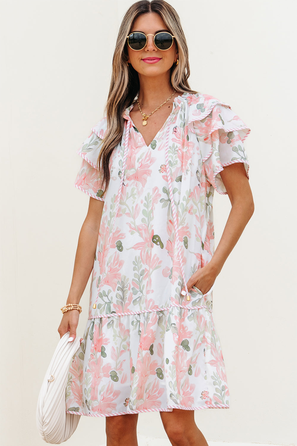 Threaded Pear Madalyn Floral Contrast Edge Layered Short Sleeve Mini Dress