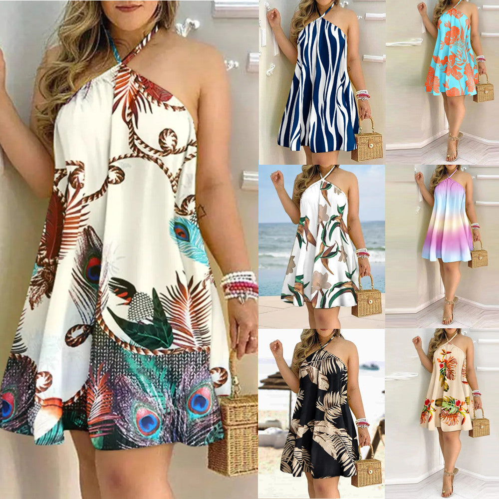 Women’s Off-Shoulder Hanging Neck Printed Dress | High-Sense Sleeveless Summer Midi | Trendy Minimalist Backless Dress | Luxury-Label Flowing Artistic Sundress | 2026 High-Fashion Statuesque Tropical Wear