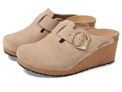 Birkenstock Fanny Ring Buckle Suede Leather Wedge Clogs Narrow