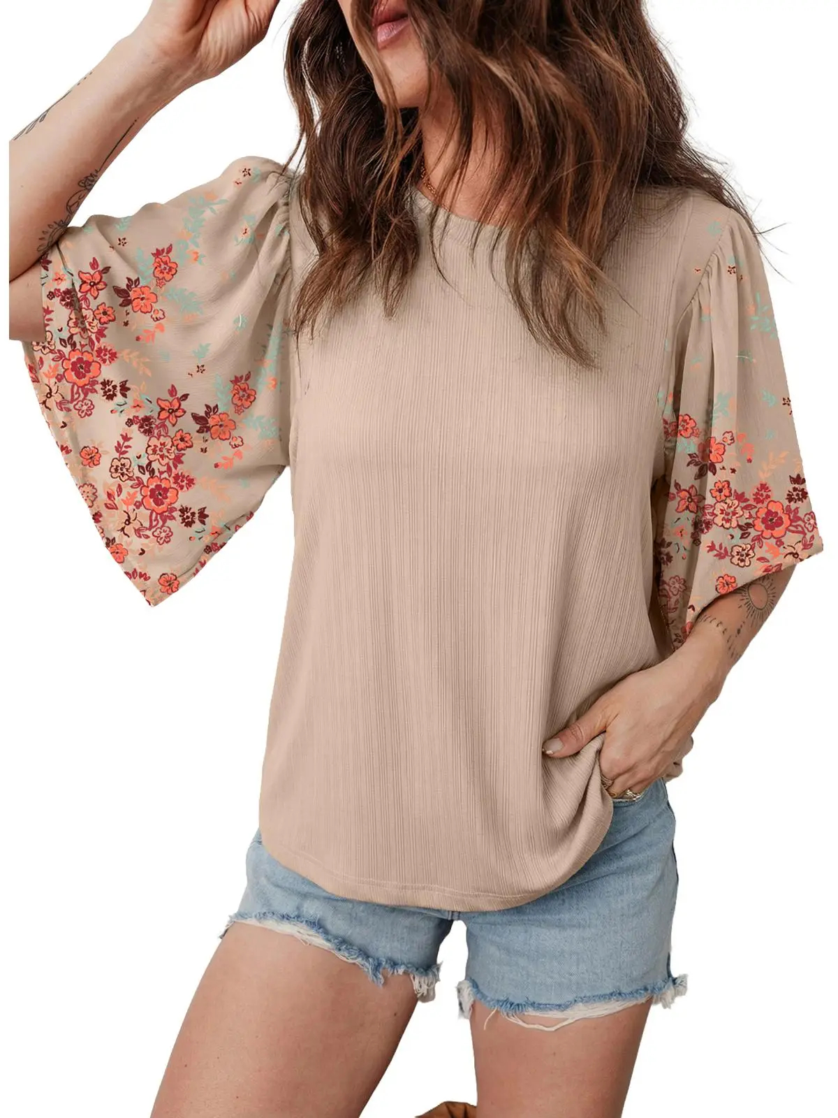 Women's Boho Floral Patchwork 3/4 Sleeve Blouse