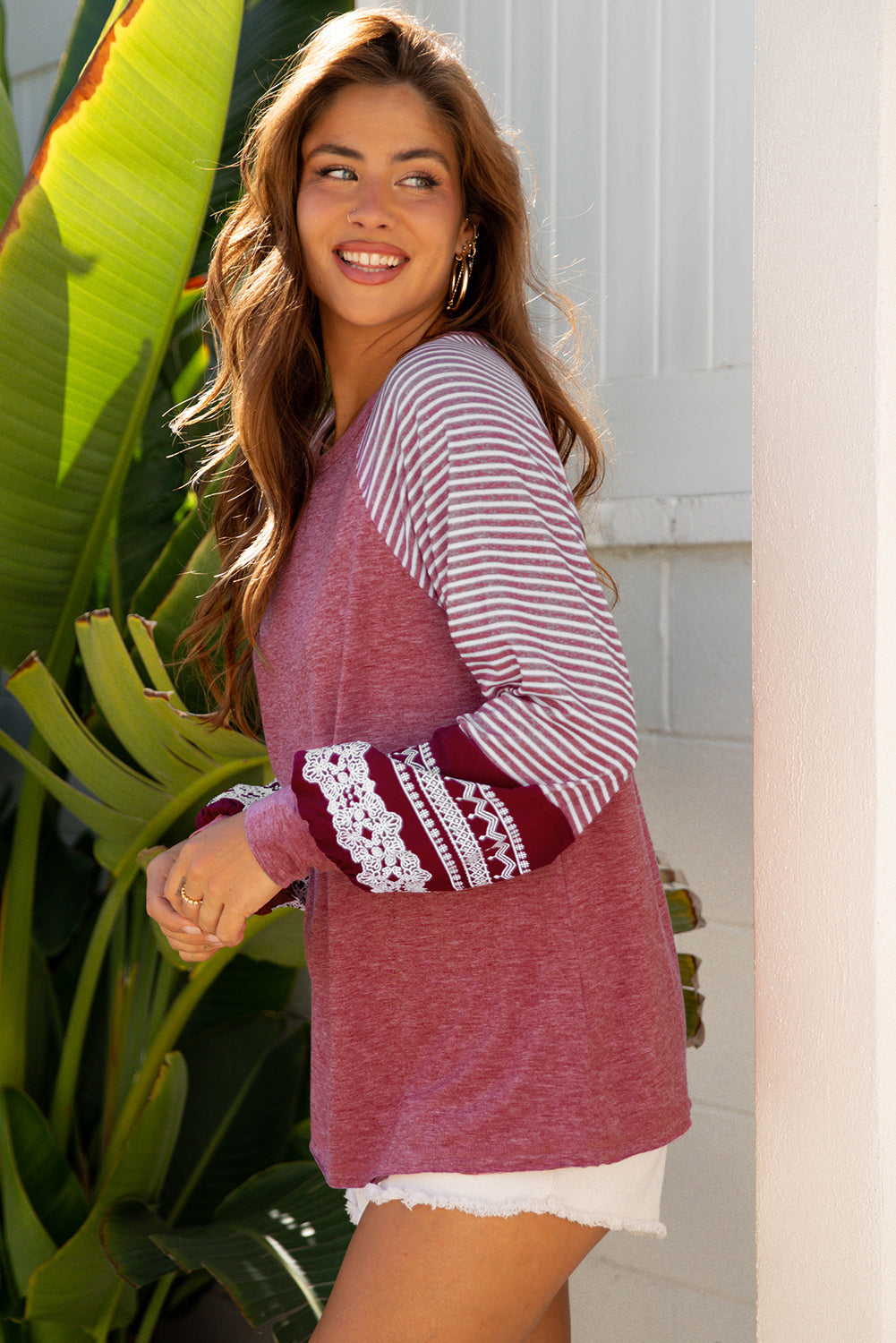 Threaded Pear Kelsey Striped Raglan Long Sleeve Loose Top