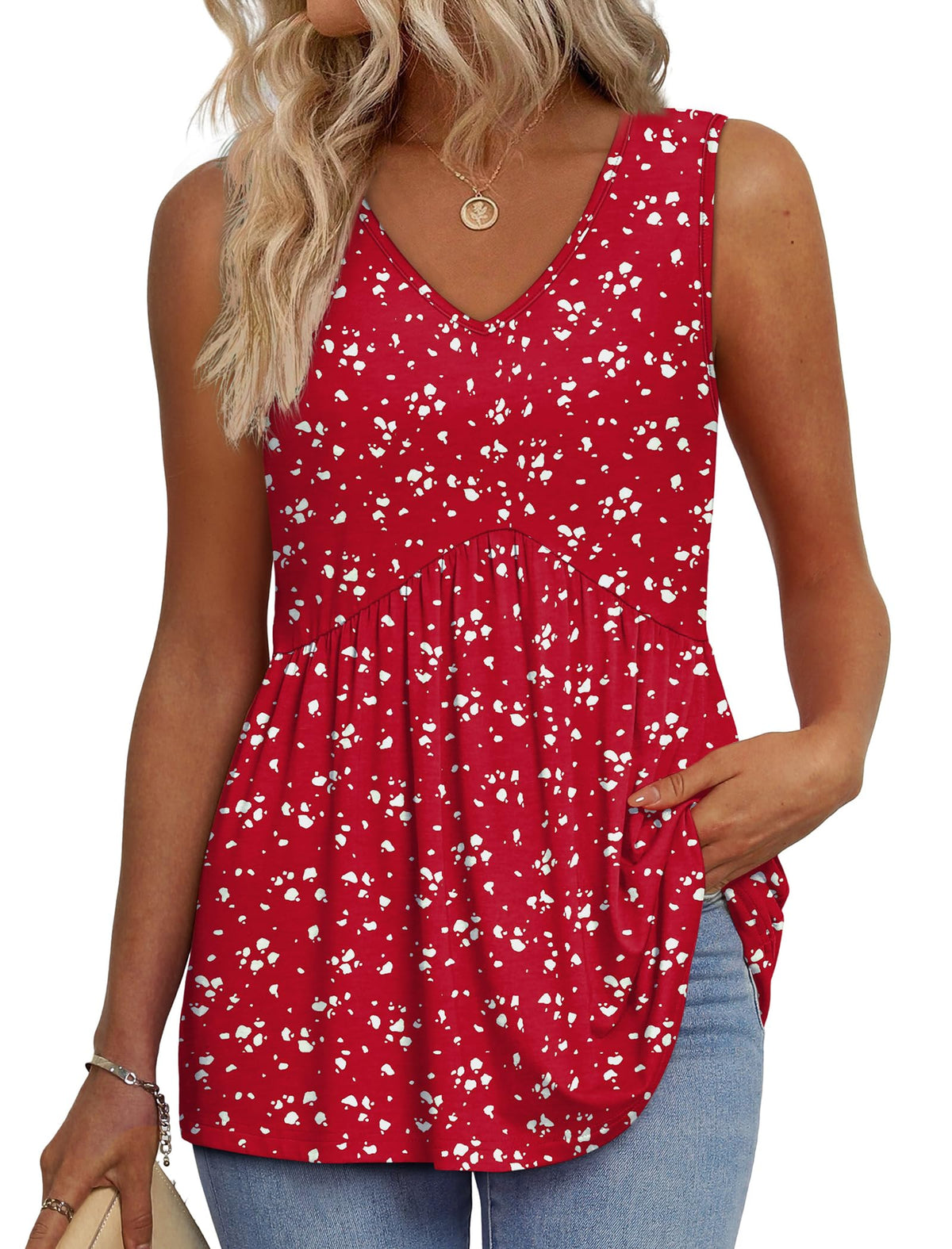 📣Women's Print Flowy Sleeveless V Neck Peplum Tank Tops