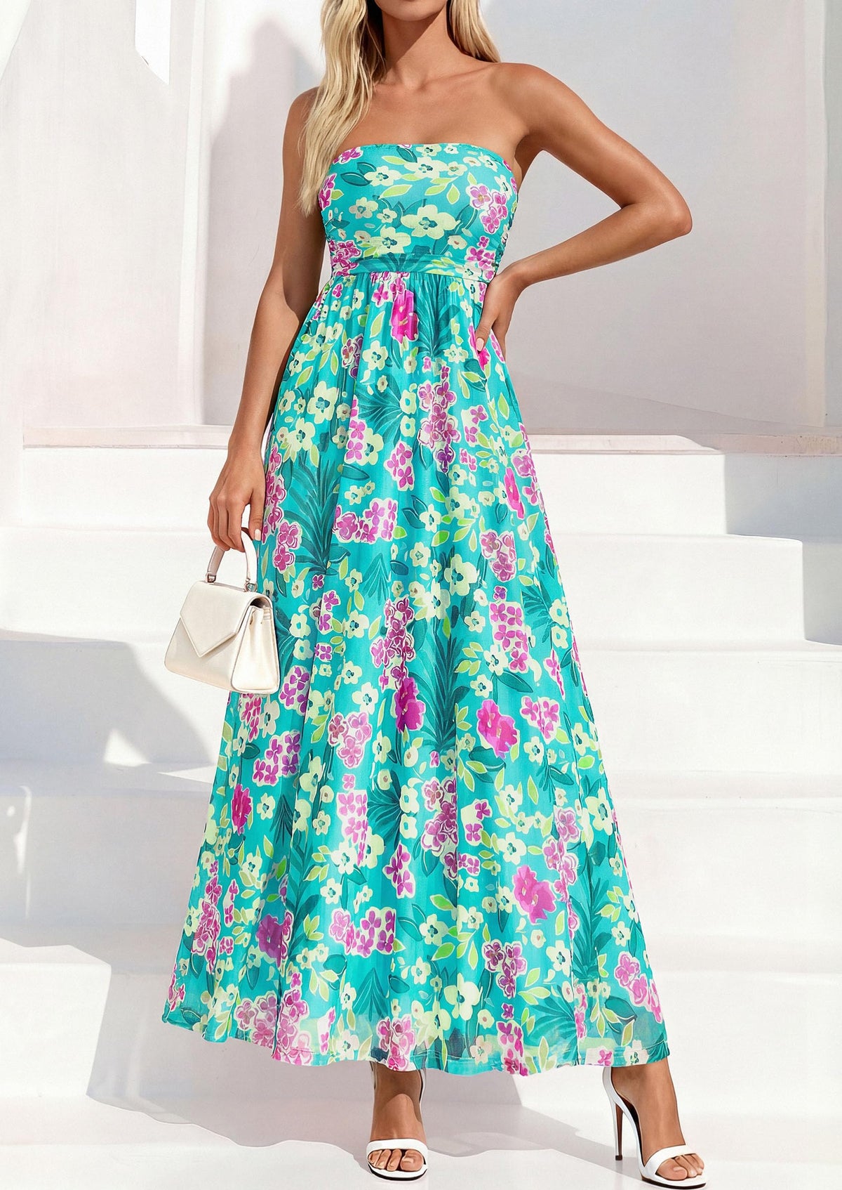 Womens Boho Maxi Dress Summer Floral Tube Strapless Wedding Guest Dresses