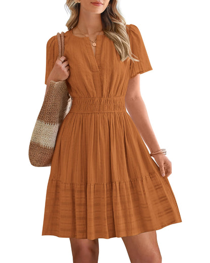 Women's V-Neck Elastic Waist Tiered Mini Dress