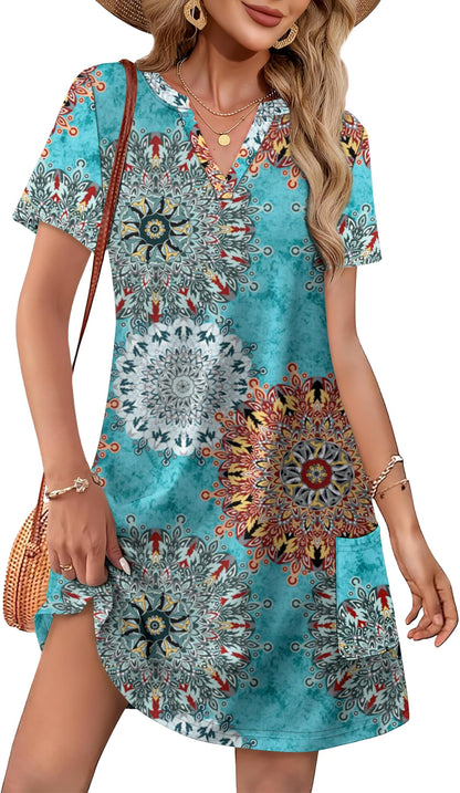 Women Casual V Neck Hawaiian Midi Dress With Pockets