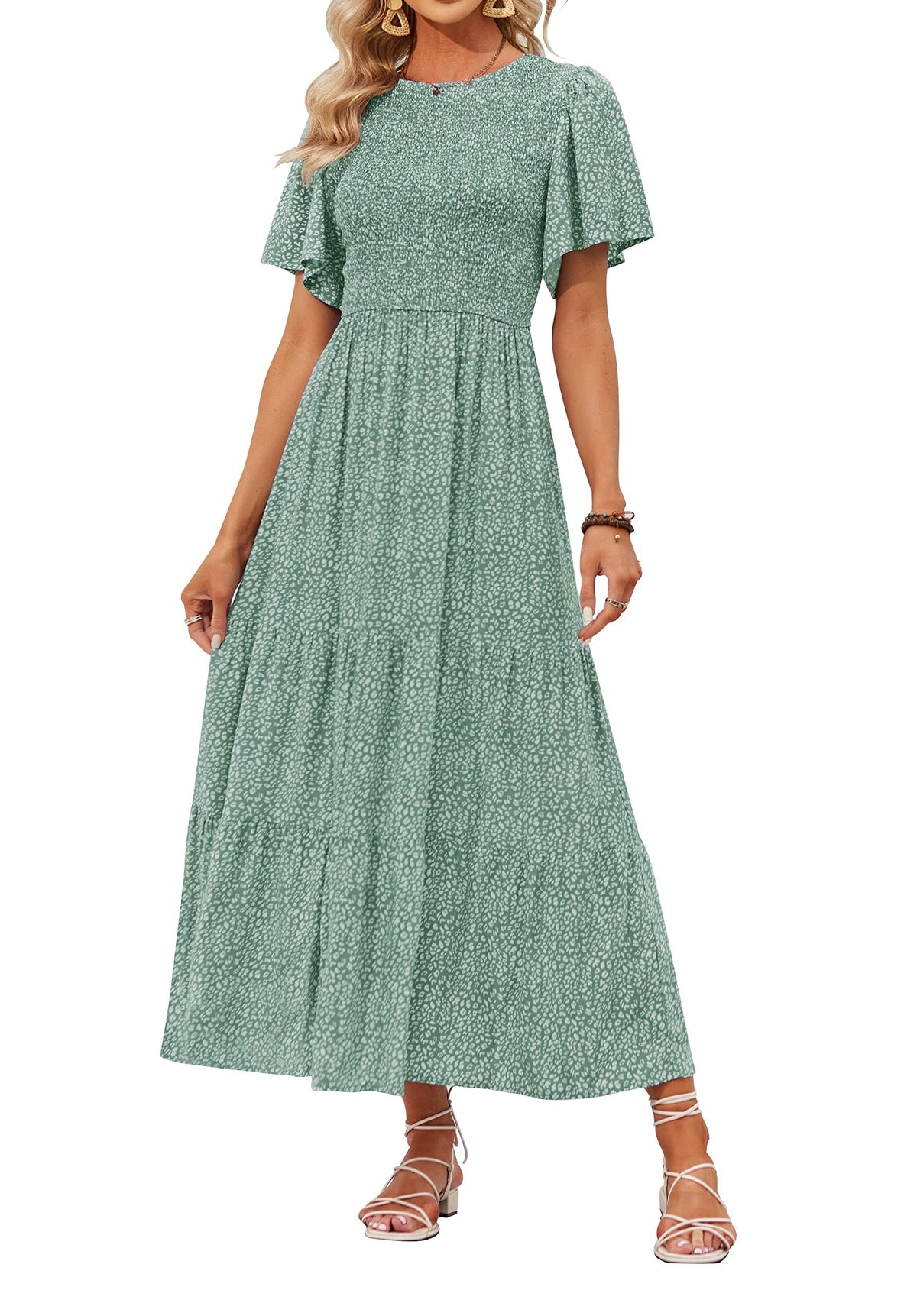 ✨Women's Casual Floral Print Short Flutter Sleeve Smocked High Waist Flowy Maxi Dress