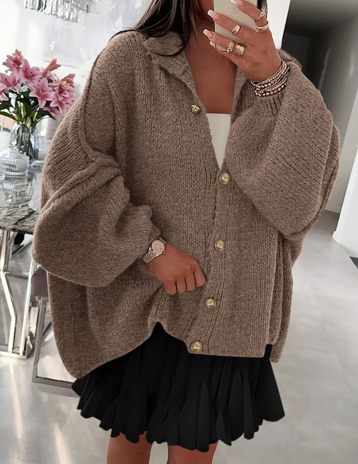 Women's Mock Neck Lantern Long Sleeve Button Down Cardigan Sweater