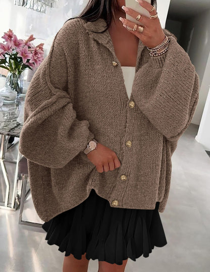 Women's Mock Neck Lantern Long Sleeve Button Down Cardigan Sweater