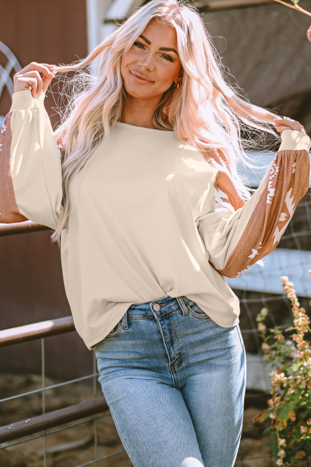 Threaded Pear Mila Western Print Patch Long Sleeve Top