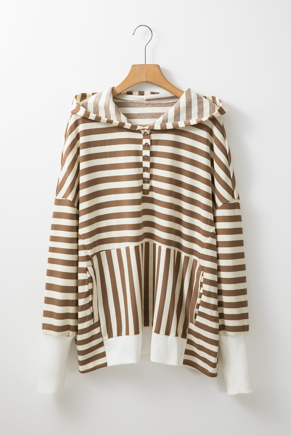 Threaded Pear Brown Stripe Quarter Buttons Drop Sleeve Plus Size Hoodie