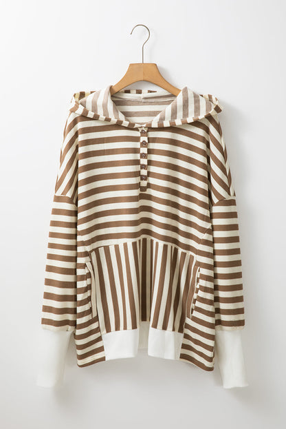Threaded Pear Brown Stripe Quarter Buttons Drop Sleeve Plus Size Hoodie