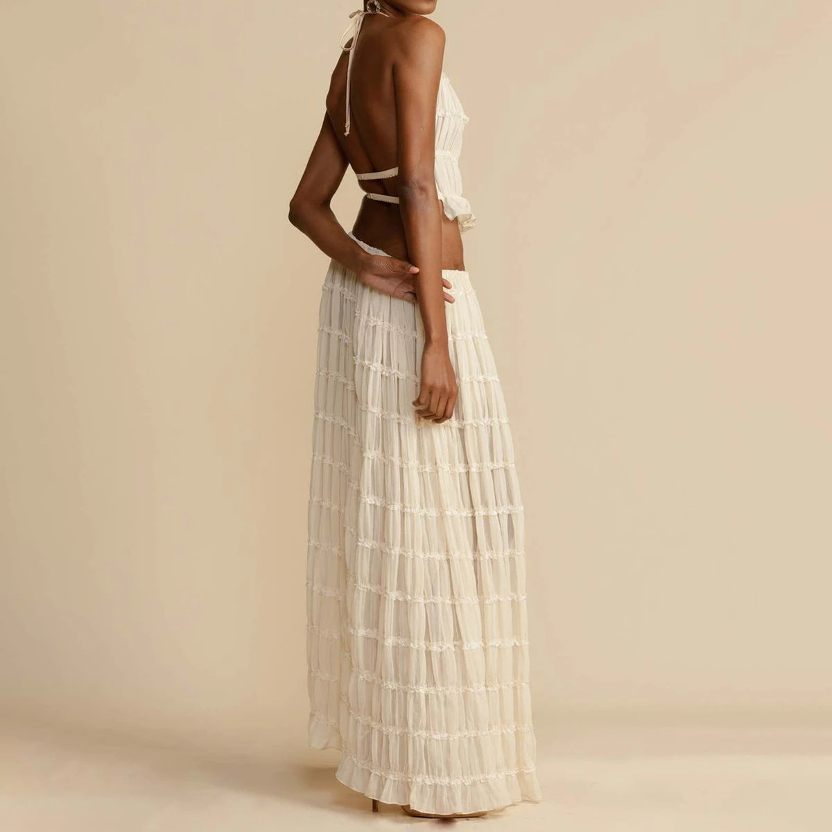 2pcs Women's Dress Suit Sleeveless Backless Cropped Halter Top And Pleated Long Skirt Beach Clothing