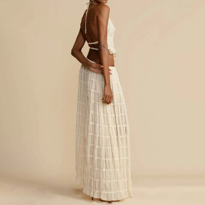 2pcs Women's Dress Suit Sleeveless Backless Cropped Halter Top And Pleated Long Skirt Beach Clothing