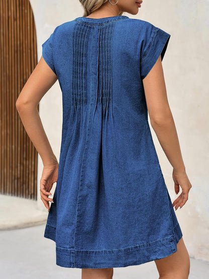 ✨Women's V-neck Pleated Denim Dress With Pockets
