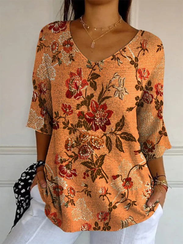 Women’s Elegant Retro Floral Print V-Neck Top | High-Sense Casual Long Sleeve Blouse | Trendy Minimalist Vintage-Style Top | Luxury-Label Statuesque Spring Wear | 2026 High-Fashion Radiant Urban Essential