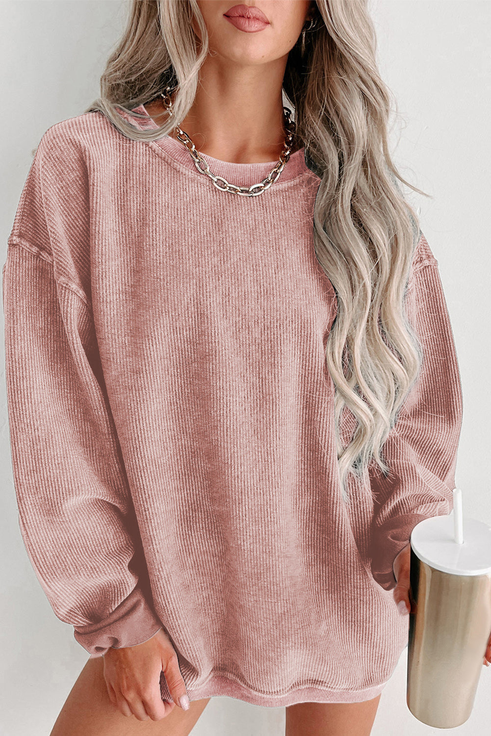 Threaded Pear Faith Solid Ribbed Knit Round Neck Pullover Sweatshirt