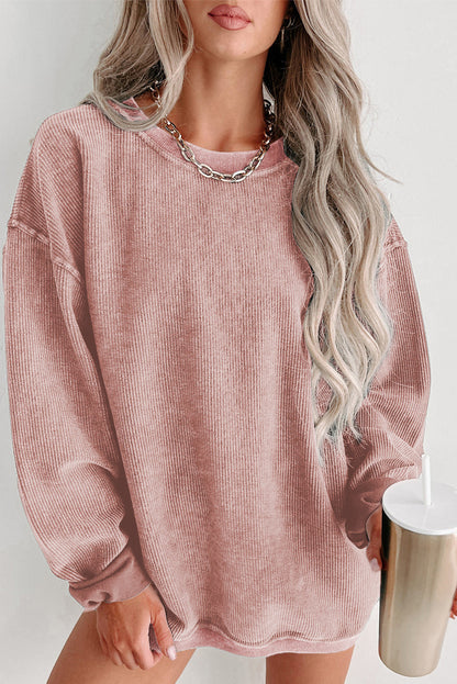 Threaded Pear Faith Solid Ribbed Knit Round Neck Pullover Sweatshirt