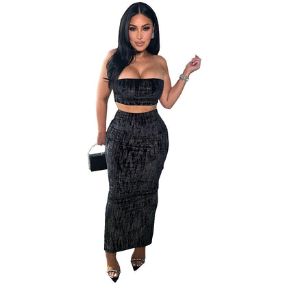 Open navel shiny silk strapless skirt set for women