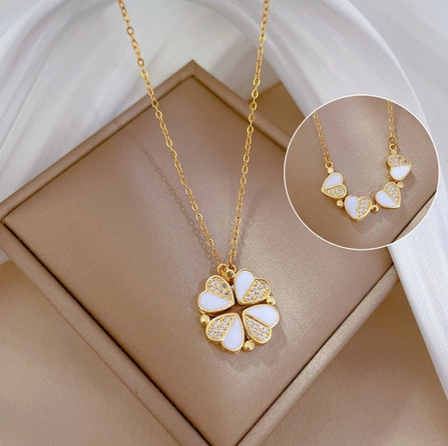 Luxury Four-Leaf Clover Pendant Necklace | Stainless Steel Crystal Heart Jewelry for Women | Lucky Clover Choker with Shimmering Crystals | Elegant Anniversary & Birthday Gift