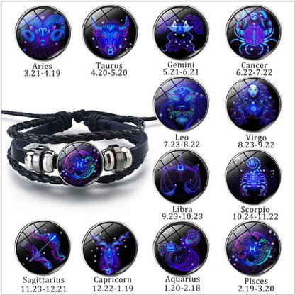 12 Zodiac Constellation Luminous Bracelet | Handmade Braided Leather Astrology Bracelet | Glow-in-the-Dark Birthday Gift for Men, Women & Kids