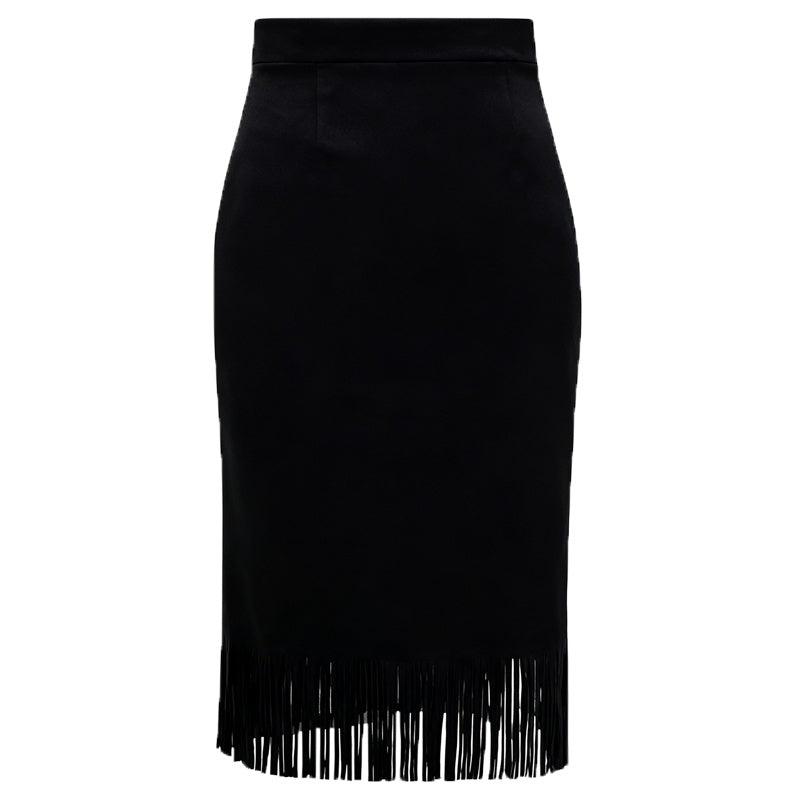 Women’s A-Line Fringe Hem Midi Skirt | Elegant Solid Color Versatile Skirt | Modern High-Waisted Casual Party Skirt | Trendy Fringed Hemline A-Line Bottoms | 2026 High-Sense Fashion Midi Skirt