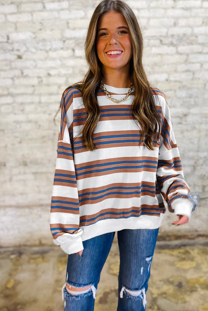 Threaded Pear Rose Stripe Crew Neck Pullover Sweatshirt